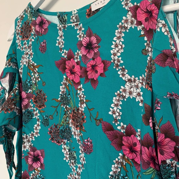 Sandro Teal Cold Shoulder Floral Print Blouse - Picture 8 of 11